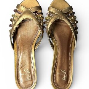 White Mountain Peep Toe Leather Slides Metallic Bronze Gold Braided Straps 7.5